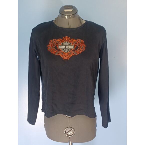 Tops - Vintage Women's Harley Davidson Logo Long Sleeve Black Shirt With Tie Back